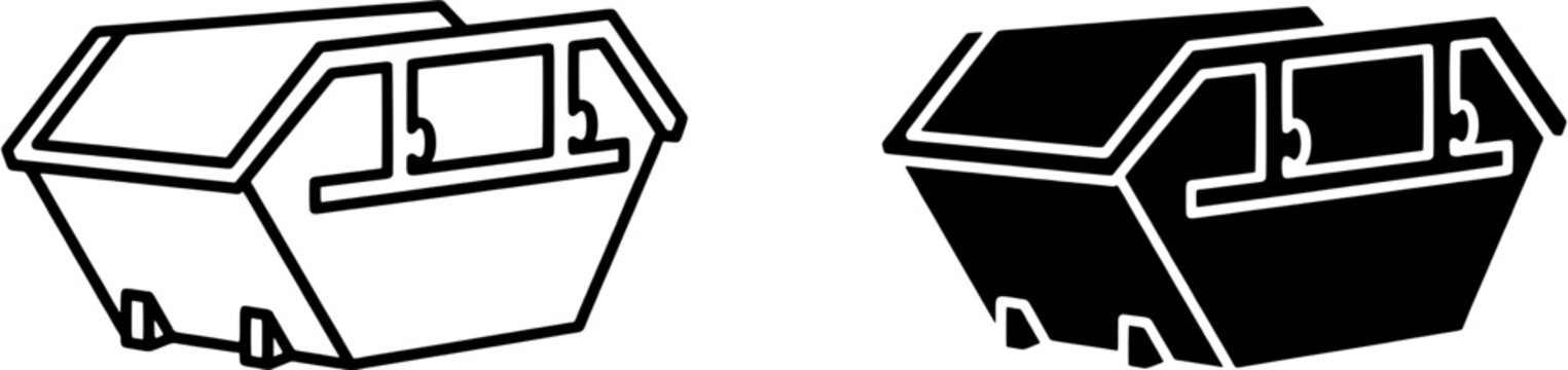 Skip bin icon set. Waste container symbols in outline and solid black styles. Editable vector illustration on white background.