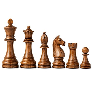 Wooden chess pieces arranged on white background. Classic board game strategy set for competition and decision-making.