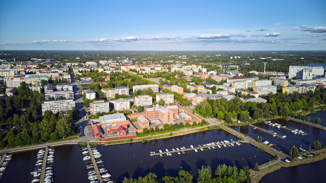 Vaasa City in Finland at shore of Baltic Sea, Aerial drone views from above