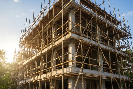 Construction site under scaffolding during golden hour. Building framework with metal support structures at sunset.