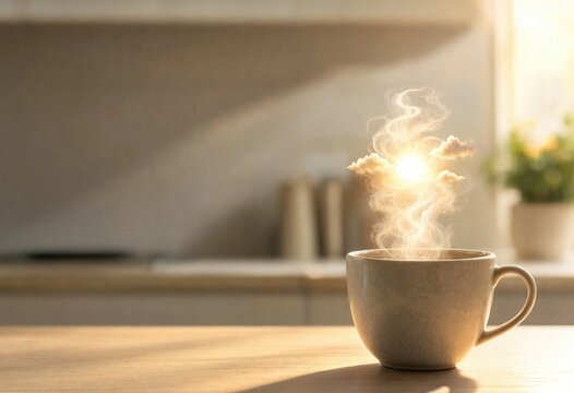 Ceramic mug with steam forming a miniature sun and clouds. Creative morning coffee concept on a wooden table. Warm sunlight and copy space