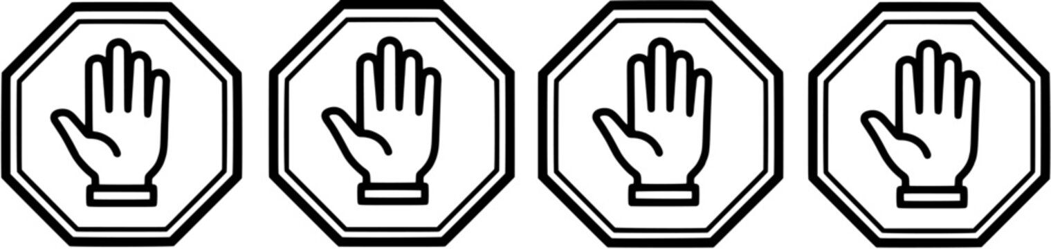 Stop sign icon set with hand gesture symbols in a simple outline style. Editable vector illustration of octagonal road signs on a white background.
