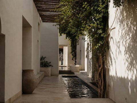 Modern minimalist courtyard with reflective water feature. Luxury indoor-outdoor living space with lush greenery and natural light.