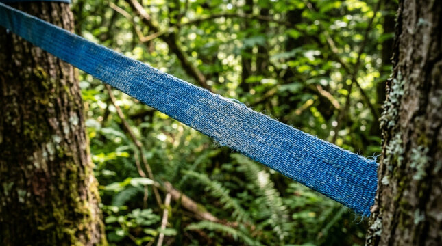 Slackline between trees in lush green forest, outdoor adventure
