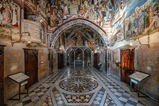 The marvelous frescoes in the interior of the Monastery of Sacred Cave (Sacro Speco) of Saint Benedict in Subiaco, province of Rome, Lazio, central Italy. February-10-2026