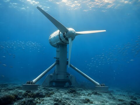Modern wind turbine generating clean energy offshore. Sustainable power technology producing renewable electricity at sea.