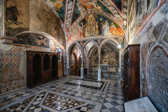 The marvelous frescoes in the interior of the Monastery of Sacred Cave (Sacro Speco) of Saint Benedict in Subiaco, province of Rome, Lazio, central Italy. February-10-2026