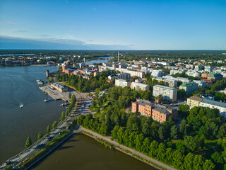 Fototapeta premium Vaasa City in Finland at shore of Baltic Sea, Aerial drone views from above