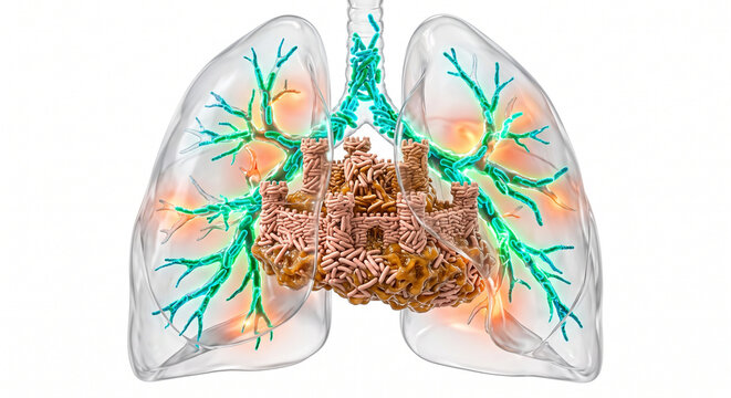 Premium conceptual medical illustration depicting tuberculosis as a bacterial fortress growing inside transparent human lungs