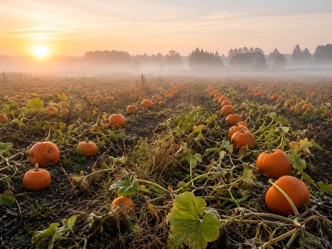 Fresh organic oranges ripening in sunrise misty farm field. Harvest-ready citrus crop glowing in golden morning light for agriculture and healthy l...