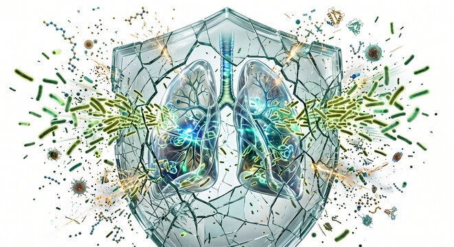 Conceptual biomedical illustration showing tuberculosis bacteria penetrating the lungs through a broken protective barrier