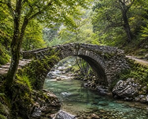 Fototapeta premium Ancient stone bridge over a serene forest river. Rustic arched pathway spanning clear mountain stream in lush woodland.
