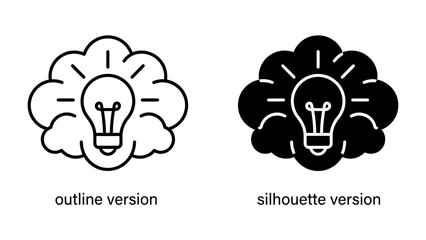 Brainstorming Idea: Two stylized representations of a human brain, one as an outline and the other as a silhouette, each containing a glowing light bulb symbolizing a bright idea or innovation. © Mahbuba