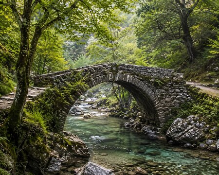 Ancient stone bridge over a serene forest river. Rustic arched pathway spanning clear mountain stream in lush woodland.