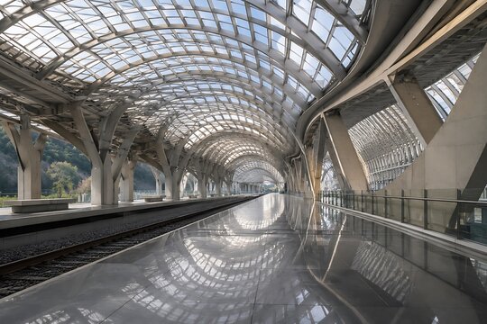 Modern glass-domed train station interior with futuristic architecture. Sleek transit hub featuring reflective flooring and geometric ceiling design.