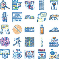 Hand drawn doodle icon set depicting diverse concepts, medical and surgical tools. Tech and data symbols. Biology and industry motifs. Transport. Animals and abstract sketches. Vibrant sketched style © vectorwin