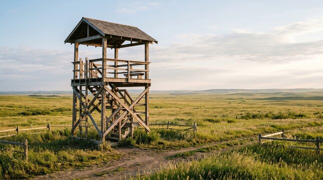 Wooden observation tower in a vast grassy field at sunrise.