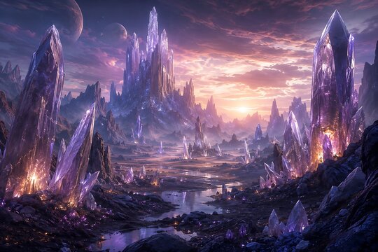 Fantasy cityscape at dusk with towering crystal spires. Sci-fi metropolis under dramatic sunset skies with glowing energy fields.