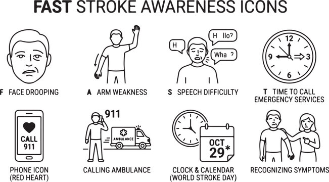 Fast stroke awareness icons representing face drooping arm weakness speech difficulty time to call emergency services phone icon calling ambulance clock calendar recognizing symptoms.