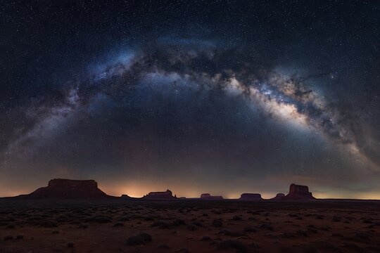 Milky Way galaxy arching over desert mesas at night. Stunning starry sky panorama with cosmic nebula glow and dark silhouettes.