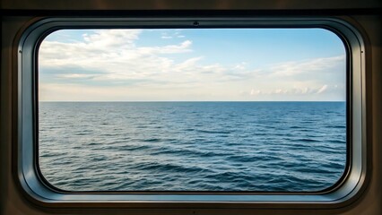 Naklejka premium Scenic view of the deep blue ocean horizon through a rectangular ship window on a calm sunny day voyage