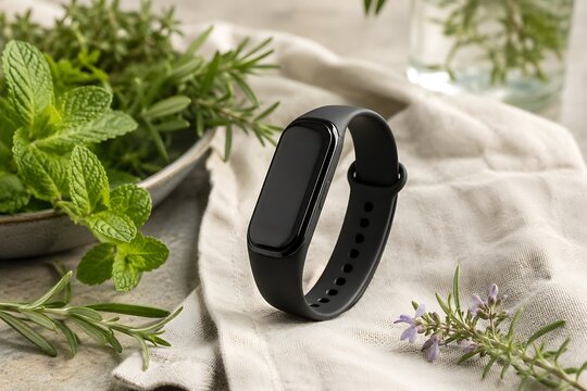 Black fitness tracker on white fabric with green leaves. Smart wearable device for health monitoring and activity tracking.