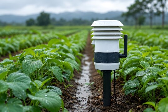 Agricultural irrigation system watering young beet plants in field. Precision farming technology ensuring crop growth and soil hydration.