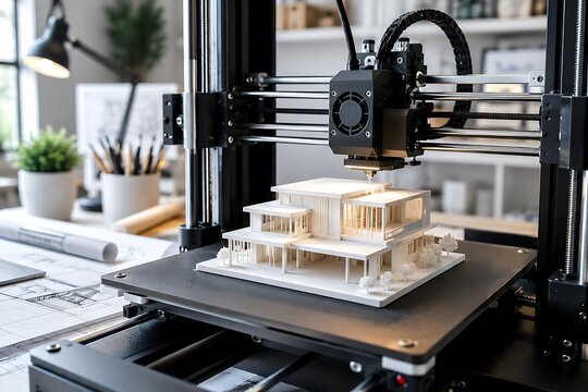 3D printer creating architectural model. Additive manufacturing producing detailed building prototype for design presentation.