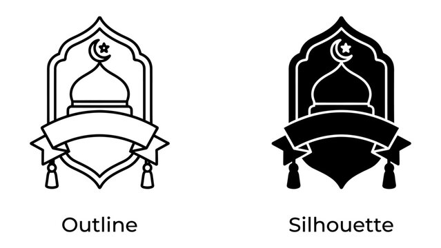 Islamic Ornament Icon: A stylized Islamic dome, crescent moon, and star emblem presented in both outline and silhouette forms, perfect for cultural or religious design projects.