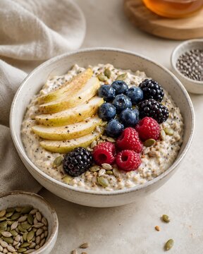 Healthy breakfast bowl with yogurt, granola, and fresh berries. Nutritious morning meal topped with banana slices and chia seeds for wellness.
