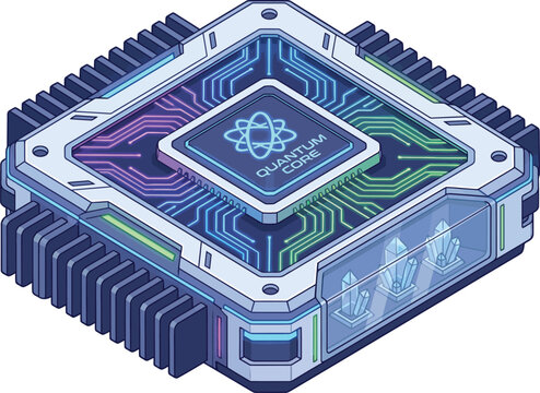 Futuristic quantum processor chip. Advanced microchip hardware for high performance computing.