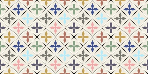 Fototapeta premium ​Seamless colorful geometric floral pattern with pastel flowers inside dotted diamond grid. Vintage tile vector background for textile, wallpaper, and design.