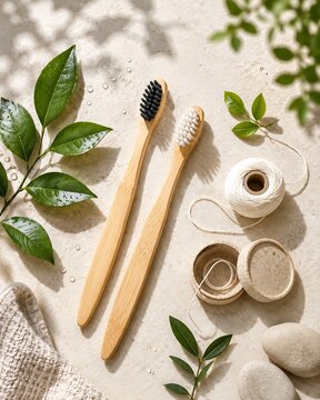 Natural bamboo toothbrush with charcoal bristles on marble surface. Eco-friendly oral hygiene product for sustainable zero-waste lifestyle.