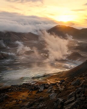 Geothermal hot spring erupting steam at sunrise. Natural volcanic geyser releasing vapor in dramatic golden light.