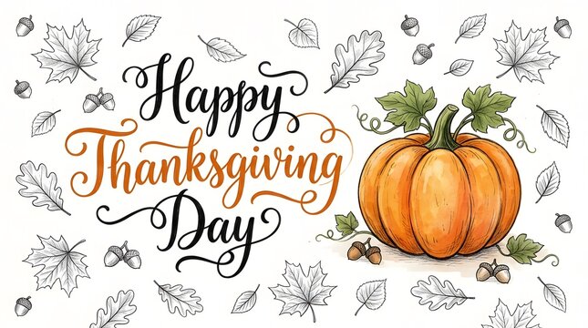 Happy thanksgiving day handwritten text with orange pumpkin