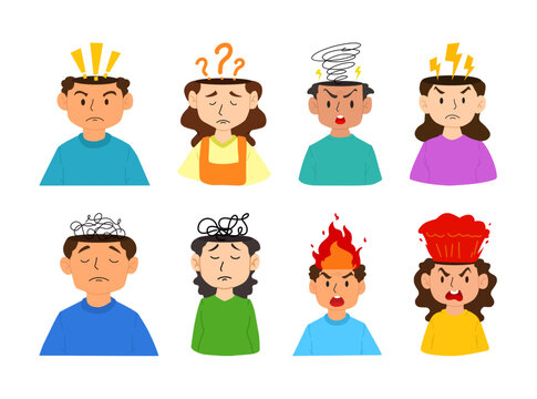 A collection of vector character illustrations featuring people expressing negative thoughts, overthinking, confusion, stress, frustration, anger, anxiety, and emotional distress with symbolic visual
