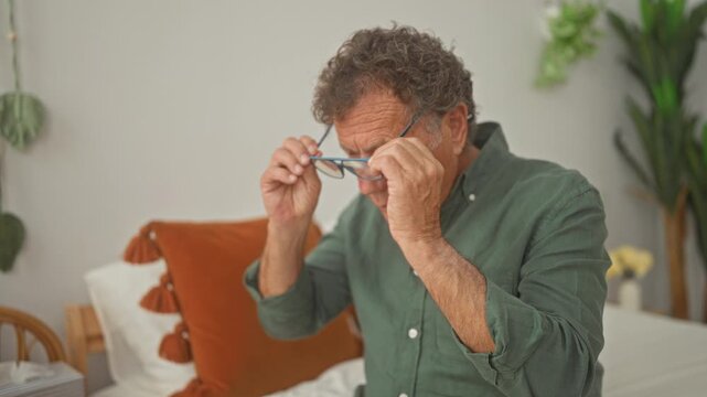 Man removes glasses and rubs bridge of nose while seated on bed near orange cushion and houseplant in bedroom; fatigue eye strain.