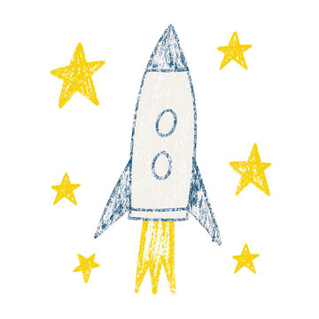 Charming crayon drawing of a rocket ship soaring through space with bright yellow stars on a transparent background.
