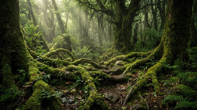 A mystical, moss-covered forest with gnarled trees and a path leading through the undergrowth, illuminated by soft, diffused sunlight filtering through the canopy.