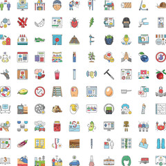 Fototapeta premium Set of colorful outline icons covering a wide range of categories including technology, healthcare, finance, food, nature, transportation, communication, and human interaction
