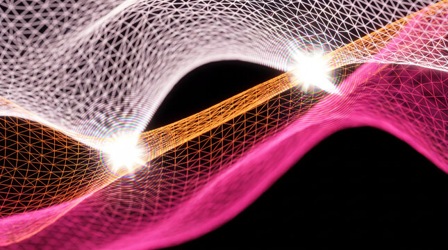Layered wireframe waves in white, orange and pink with glowing light flares