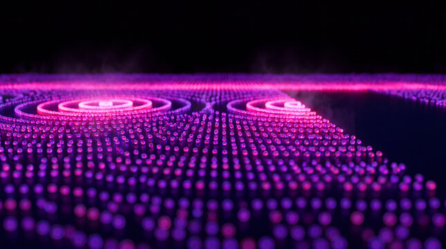 Field of glowing purple particles rippling in circular waves