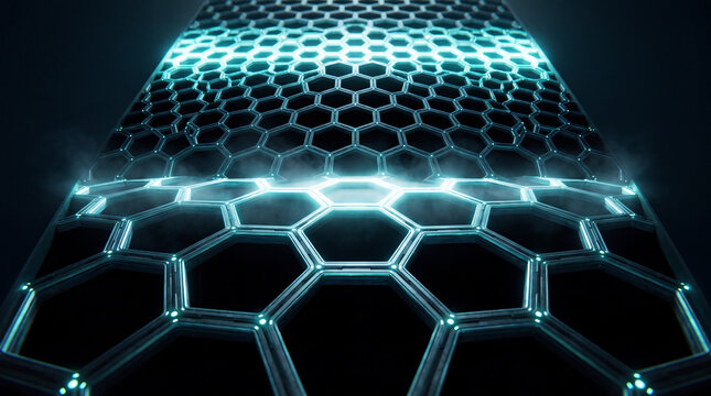 Metallic hexagonal honeycomb lattice glowing with internal blue light