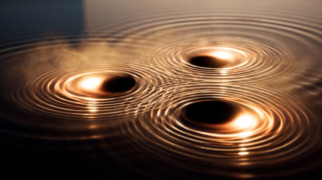 Three overlapping golden ripples spreading across a still water surface