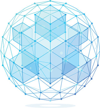 Geometric Network Sphere with Clear Blue Interconnected Cubes