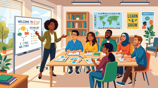Diverse Students Learning English as a Second Language in Modern Classroom with Teacher Presenting Lesson Plan