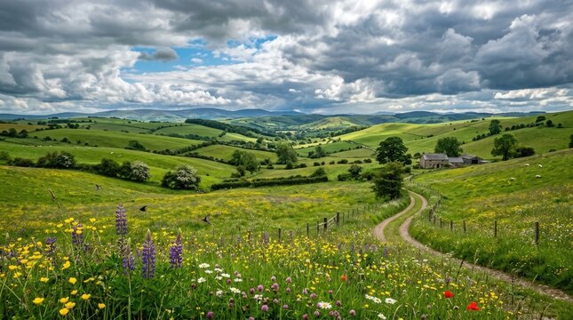 A picturesque countryside landscape with rolling green hills, a dirt road, and a farm house in the distance, under a cloudy sky with patches of blue and white clouds.