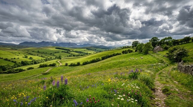 A lush green landscape with rolling hills, meadows, and a dirt path leading to a stone wall, with a dramatic sky filled with dark clouds and patches of sunlight filtering through.