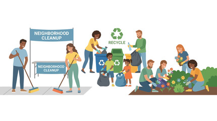 Fototapeta premium Diverse community volunteers participate in neighborhood cleanup, recycling, and gardening activities to improve their local environment.