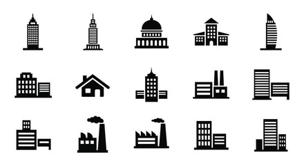 Building Silhouettes Collection Black Flat Icons On White Background © Urmi512